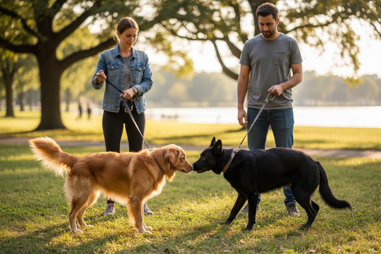 Eine Frau und ein Mann stehen mit ihren angeleinten Hunden auf einer sonnigen Wiese, während sich die beiden Hunde beschnuppern. Die Leine sollte locker und nicht gespannt sein