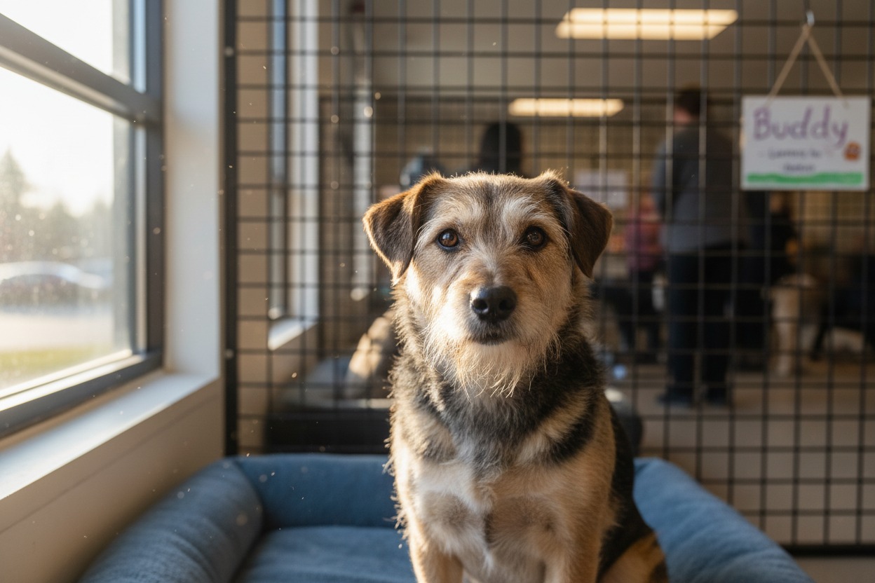 Ein braun-schwarzer Mischlingshund sitzt auf einem blauen Hundebett in einem Tierheimzwinger und schaut direkt in die Kamera.